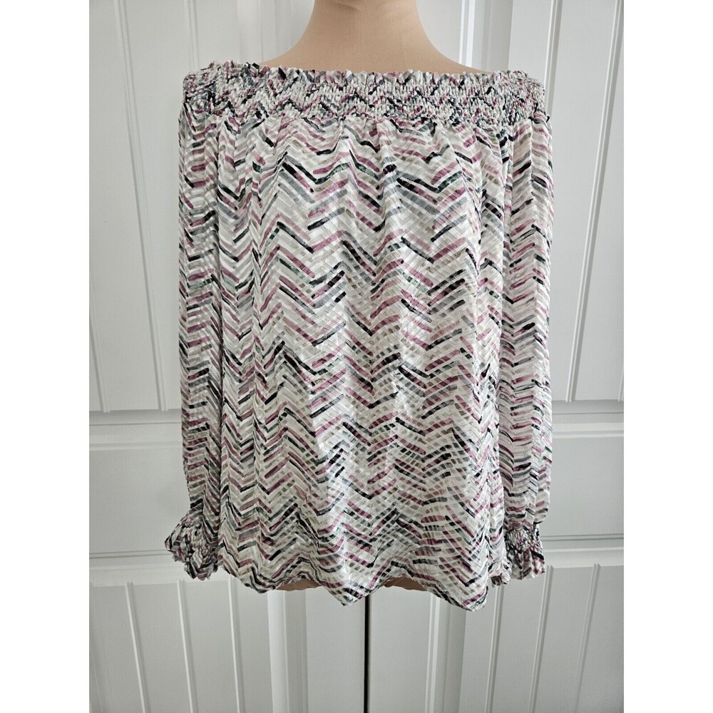 White House Black Market Silk Blend Chevron Print Boho Blouse Off Shoulder Or...